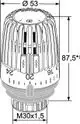 Thermostat-Kopf von IMI Hydronic Engineering, mit Skala und Temperaturwerten. Abmessungen und Details sind deutlich auf dem Produktbild dargestellt.